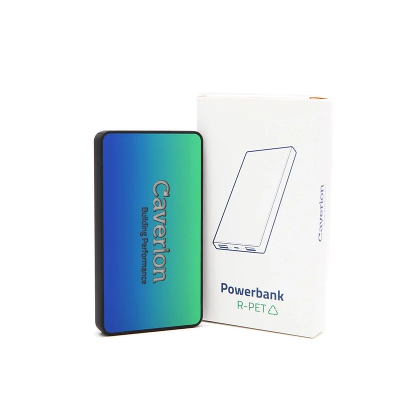 caverion powerbank med lysande logga och låda